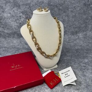 KJL‎ Kenneth Jay Lane Plaza Links Crystal Rope Link Necklace & Earrings Set Vtg